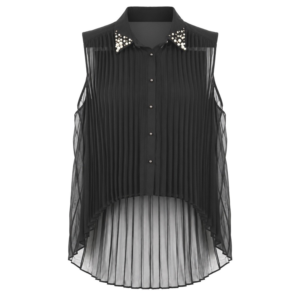 Zinga Pleated Embellished Collar Sheer Sleeveless Black Blouse Romantic Size L
